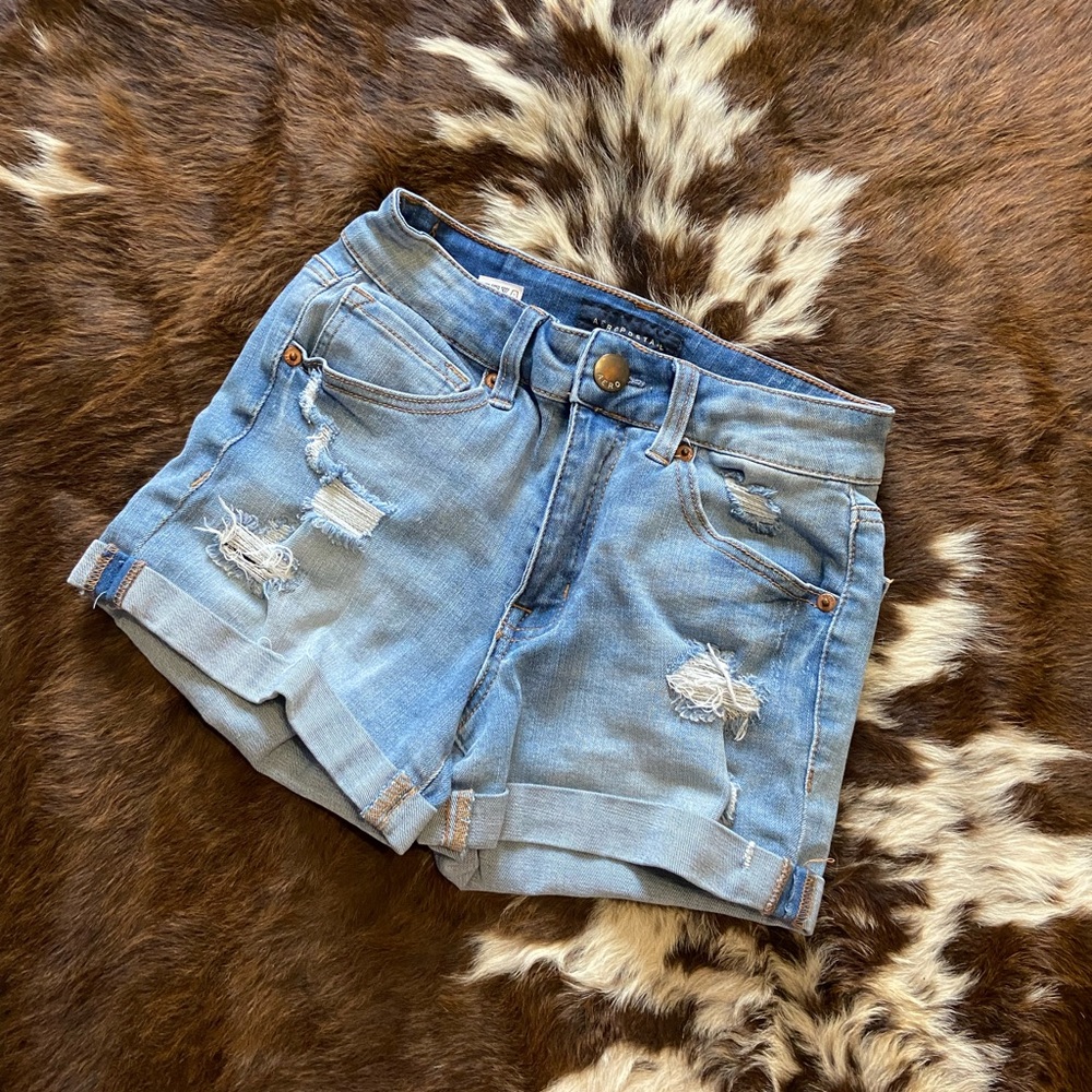 Blue Distressed Jean Shorts with Cuffed Hem